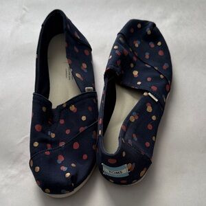 Toms Navy Canvas Slip-Ons with Red and Gold Polka Dots